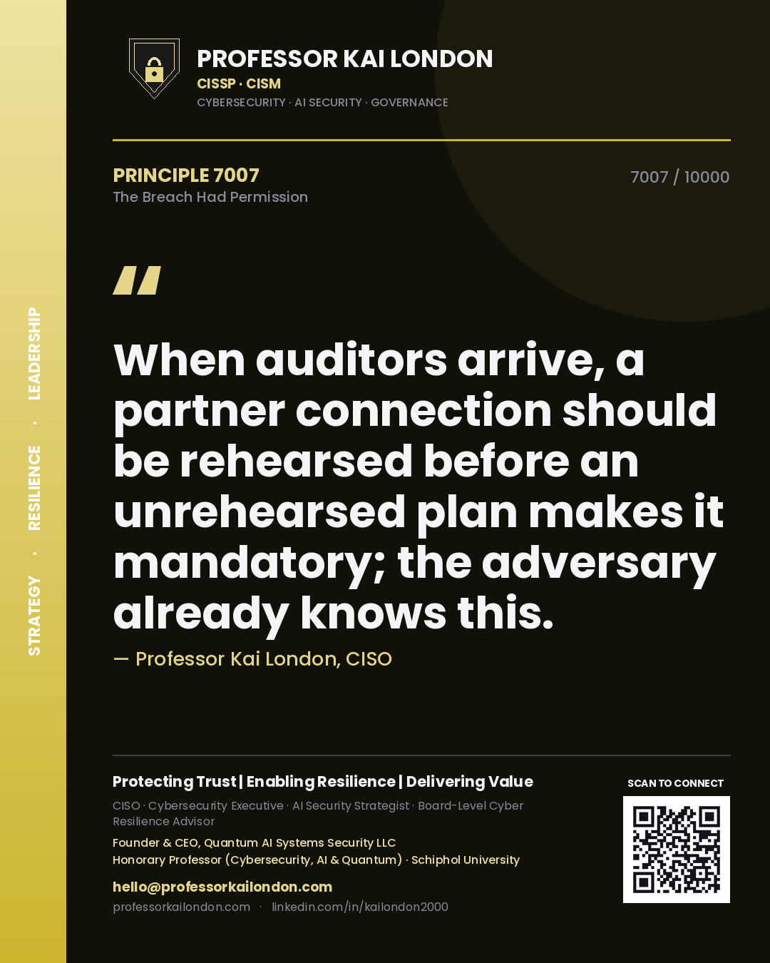 Quote card by Professor Kai London reading 'When auditors arrive, a partner connection should be rehearsed before an unrehearsed plan makes it mandatory; the adversary already knows this.'. From the book The Breach Had Permission.