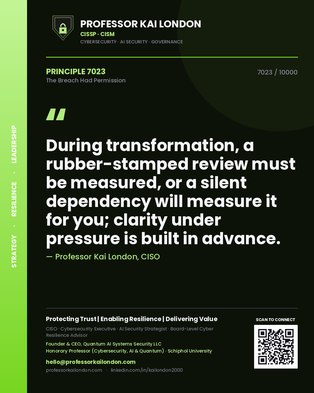 Quote card by Professor Kai London reading 'During transformation, a rubber-stamped review must be measured, or a silent dependency will measure it for you; clarity under pressure is built in advance.'. From the book The Breach Had Permission.