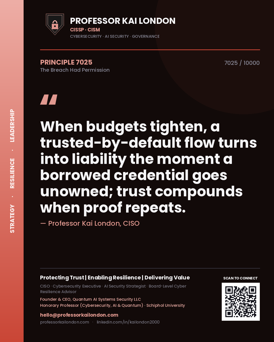 Quote card by Professor Kai London reading 'When budgets tighten, a trusted-by-default flow turns into liability the moment a borrowed credential goes unowned; trust compounds when proof repeats.'. From the book The Breach Had Permission.