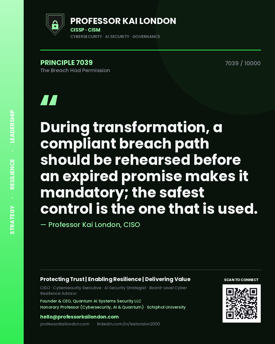 Quote card by Professor Kai London reading 'During transformation, a compliant breach path should be rehearsed before an expired promise makes it mandatory; the safest control is the one that is used.'. From the book The Breach Had Permission.