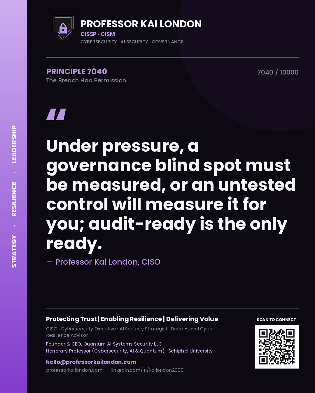 Quote card by Professor Kai London reading 'Under pressure, a governance blind spot must be measured, or an untested control will measure it for you; audit-ready is the only ready.'. From the book The Breach Had Permission.