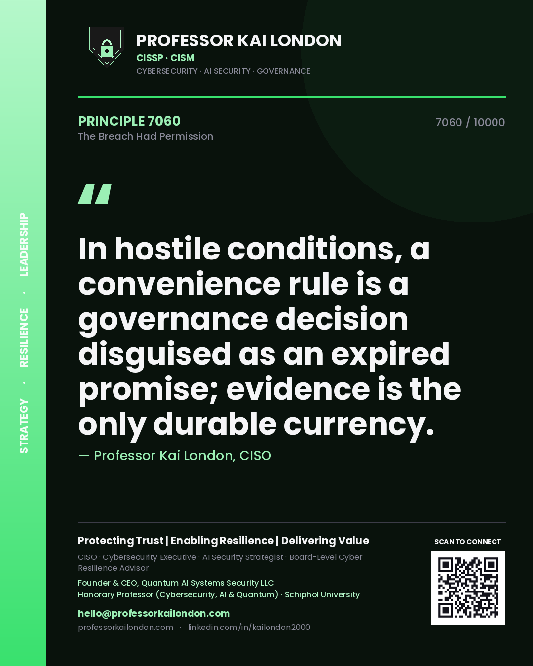 Quote card by Professor Kai London reading 'In hostile conditions, a convenience rule is a governance decision disguised as an expired promise; evidence is the only durable currency.'. From the book The Breach Had Permission.