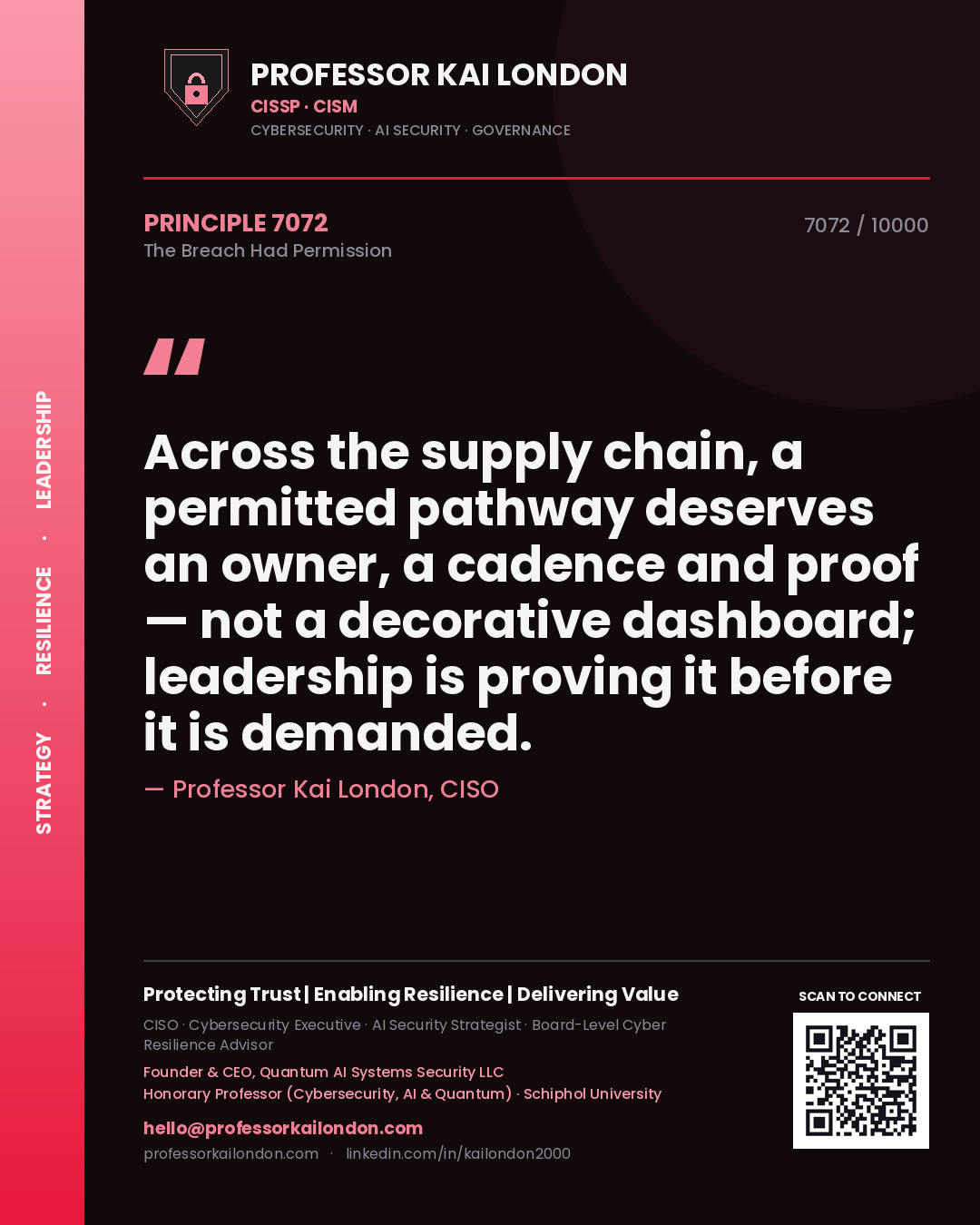 Quote card by Professor Kai London reading 'Across the supply chain, a permitted pathway deserves an owner, a cadence and proof — not a decorative dashboard; leadership is proving it before it is demanded.'. From the book The Breach Had Permission.