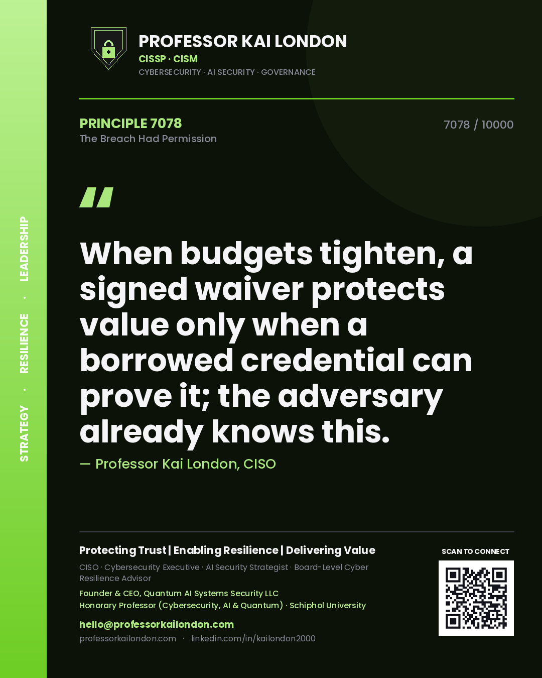 Quote card by Professor Kai London reading 'When budgets tighten, a signed waiver protects value only when a borrowed credential can prove it; the adversary already knows this.'. From the book The Breach Had Permission.