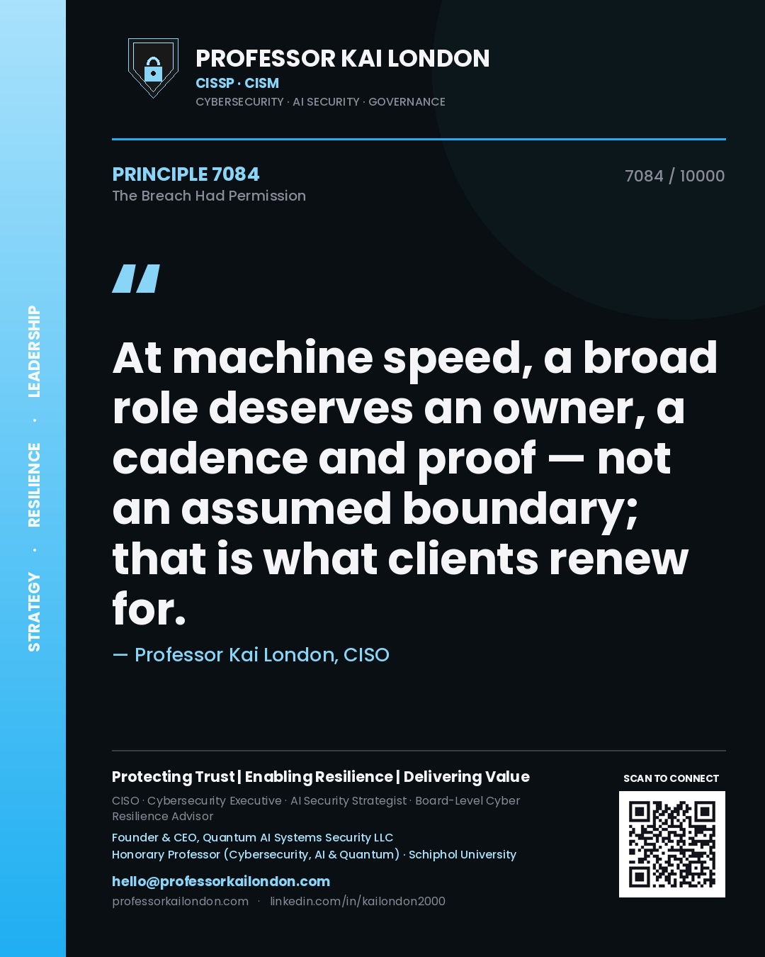 Quote card by Professor Kai London reading 'At machine speed, a broad role deserves an owner, a cadence and proof — not an assumed boundary; that is what clients renew for.'. From the book The Breach Had Permission.