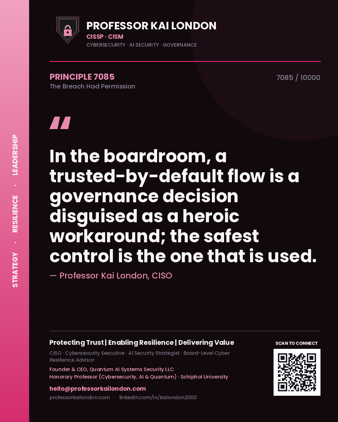 Quote card by Professor Kai London reading 'In the boardroom, a trusted-by-default flow is a governance decision disguised as a heroic workaround; the safest control is the one that is used.'. From the book The Breach Had Permission.