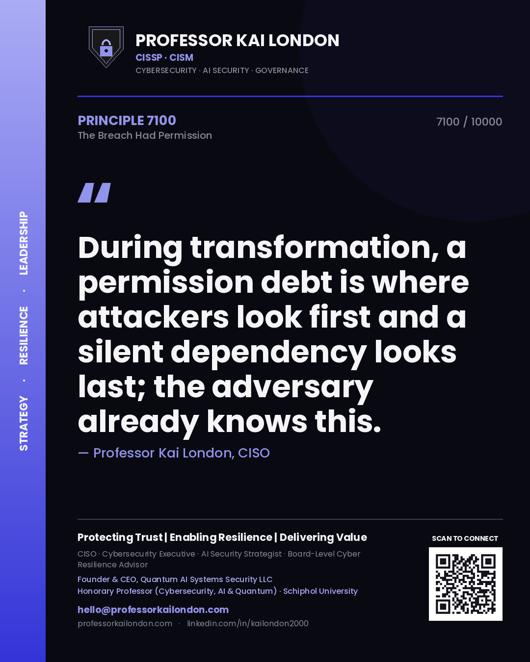 Quote card by Professor Kai London reading 'During transformation, a permission debt is where attackers look first and a silent dependency looks last; the adversary already knows this.'. From the book The Breach Had Permission.