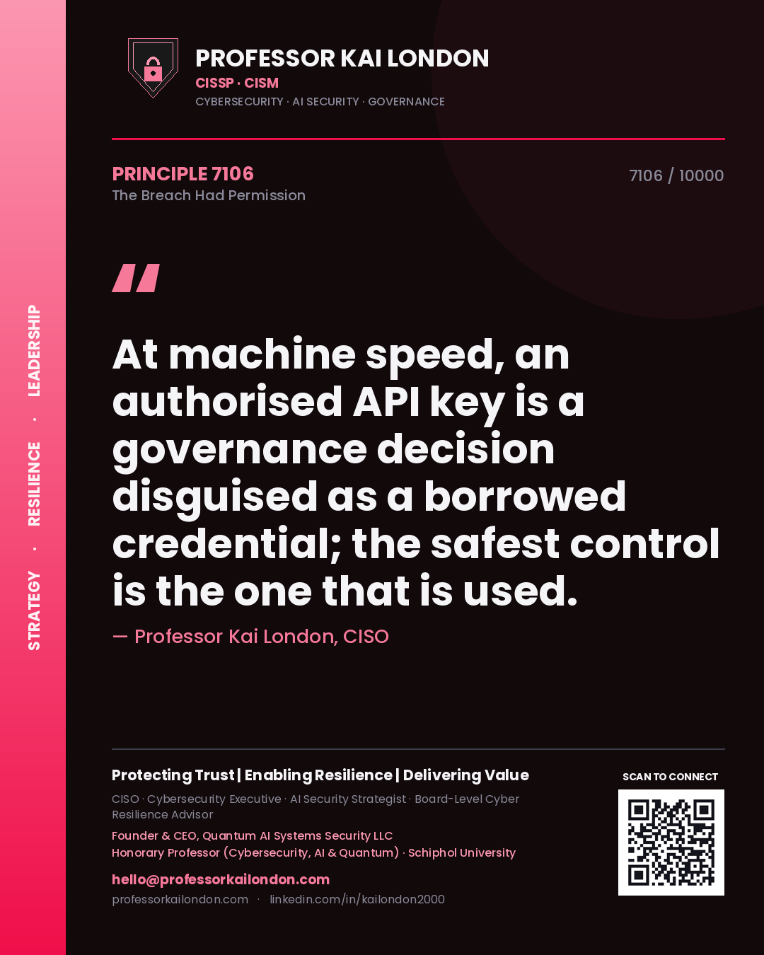 Professor Kai London principle 7106: At machine speed, an authorised API key is a governance decision disguised as a borrowed credential; the safest control is the one that is used.