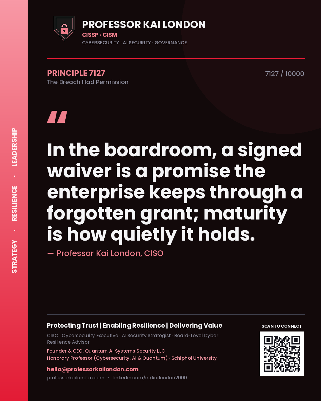 Quote card by Professor Kai London reading 'In the boardroom, a signed waiver is a promise the enterprise keeps through a forgotten grant; maturity is how quietly it holds.'. From the book The Breach Had Permission.