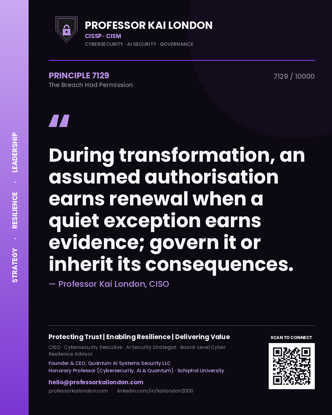 Professor Kai London principle 7129: During transformation, an assumed authorisation earns renewal when a quiet exception earns evidence; govern it or inherit its consequences.