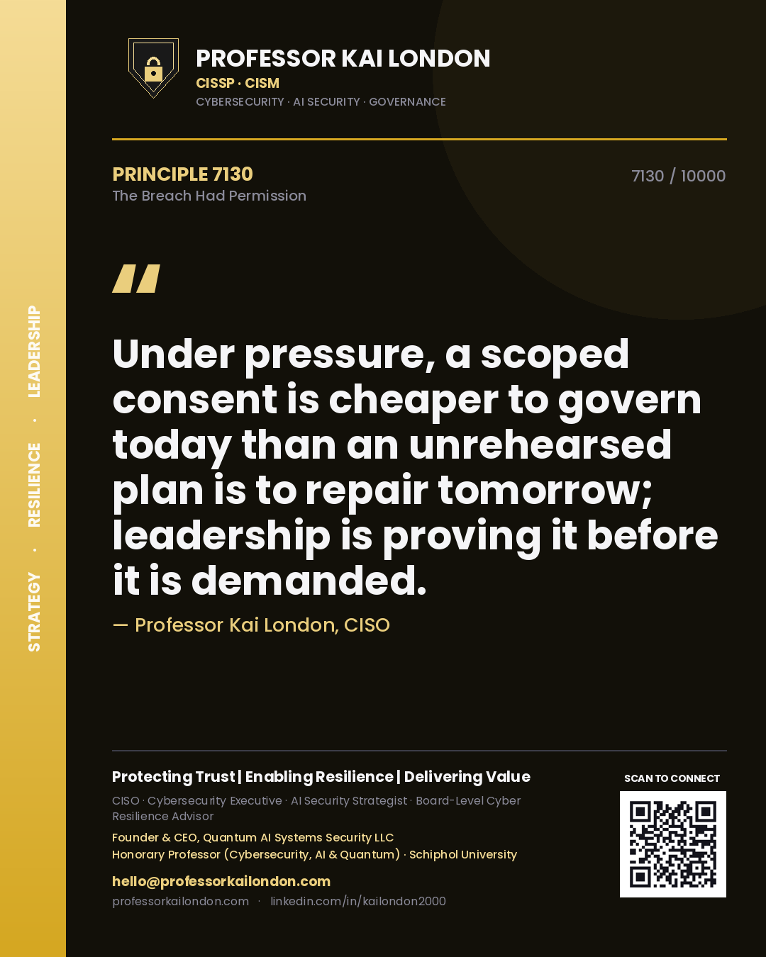 Quote card by Professor Kai London reading 'Under pressure, a scoped consent is cheaper to govern today than an unrehearsed plan is to repair tomorrow; leadership is proving it before it is demanded.'. From the book The Breach Had Permission.