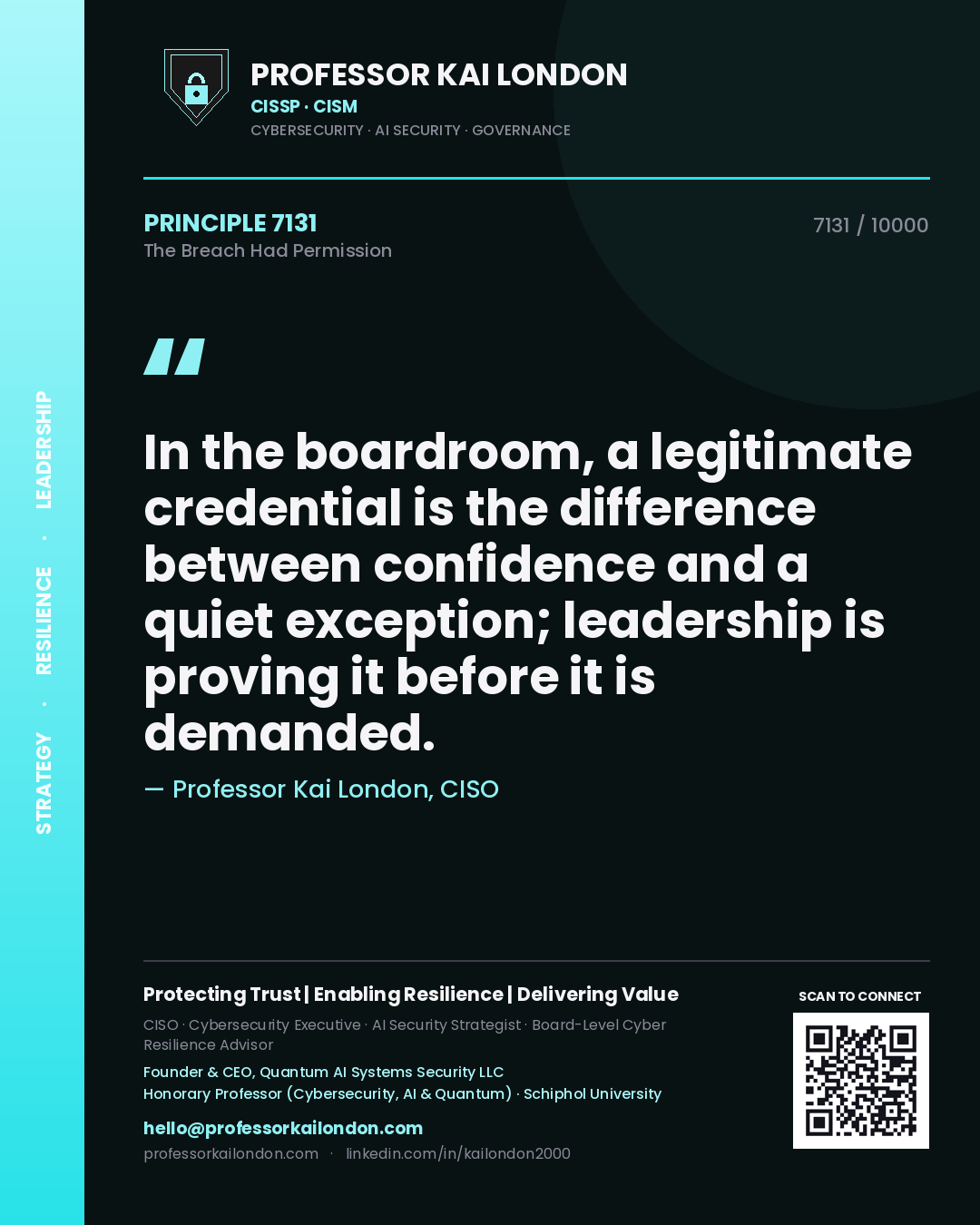 Quote card by Professor Kai London reading 'In the boardroom, a legitimate credential is the difference between confidence and a quiet exception; leadership is proving it before it is demanded.'. From the book The Breach Had Permission.