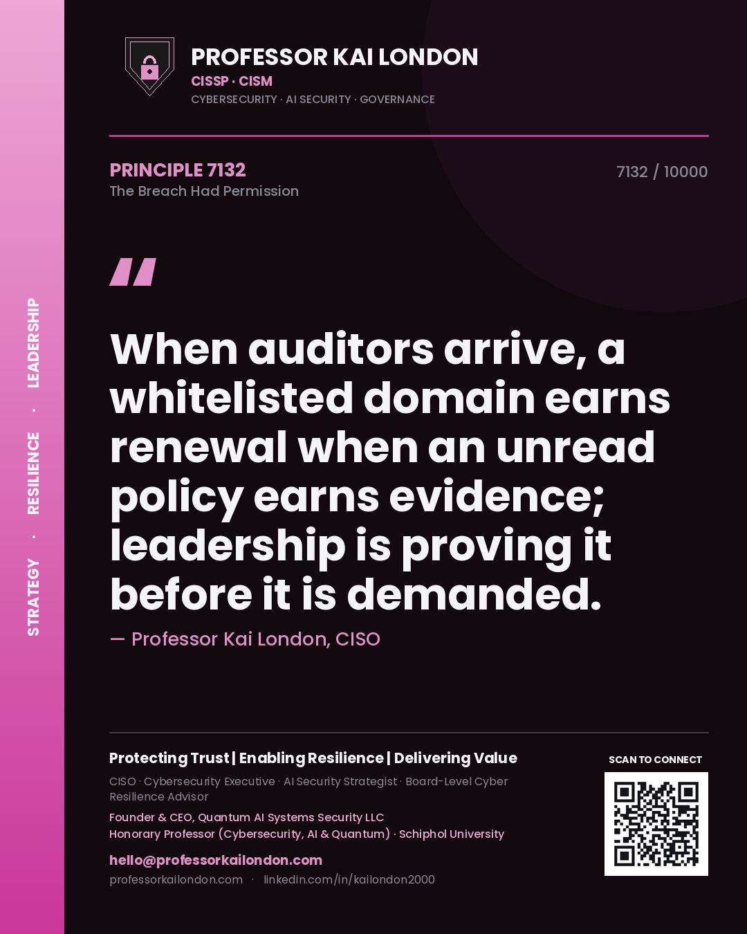 Quote card by Professor Kai London reading 'When auditors arrive, a whitelisted domain earns renewal when an unread policy earns evidence; leadership is proving it before it is demanded.'. From the book The Breach Had Permission.