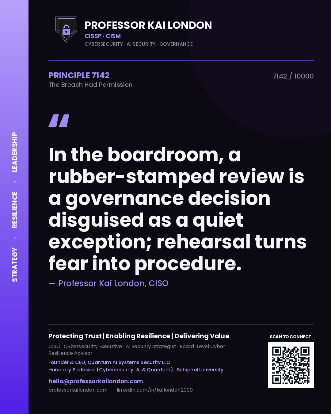 Quote card by Professor Kai London reading 'In the boardroom, a rubber-stamped review is a governance decision disguised as a quiet exception; rehearsal turns fear into procedure.'. From the book The Breach Had Permission.