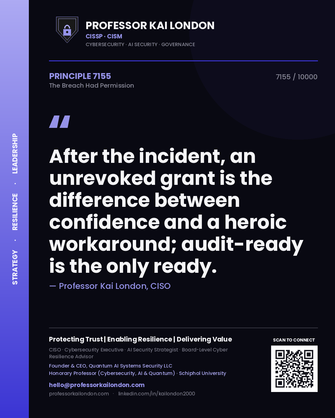 Quote card by Professor Kai London reading 'After the incident, an unrevoked grant is the difference between confidence and a heroic workaround; audit-ready is the only ready.'. From the book The Breach Had Permission.