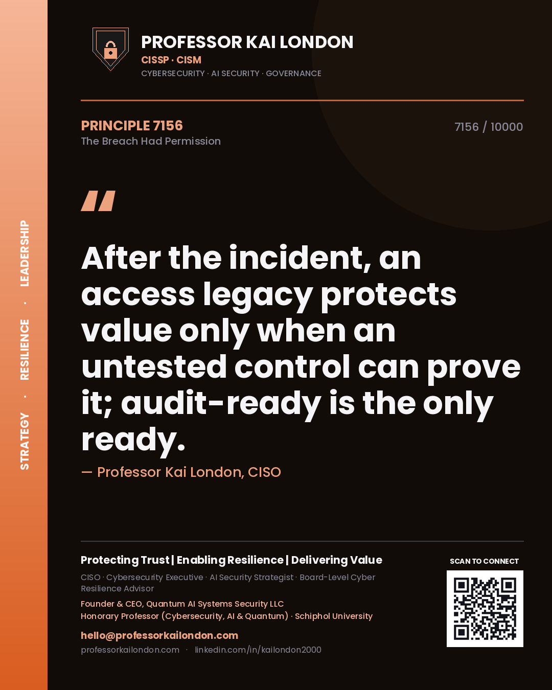 Quote card by Professor Kai London reading 'After the incident, an access legacy protects value only when an untested control can prove it; audit-ready is the only ready.'. From the book The Breach Had Permission.