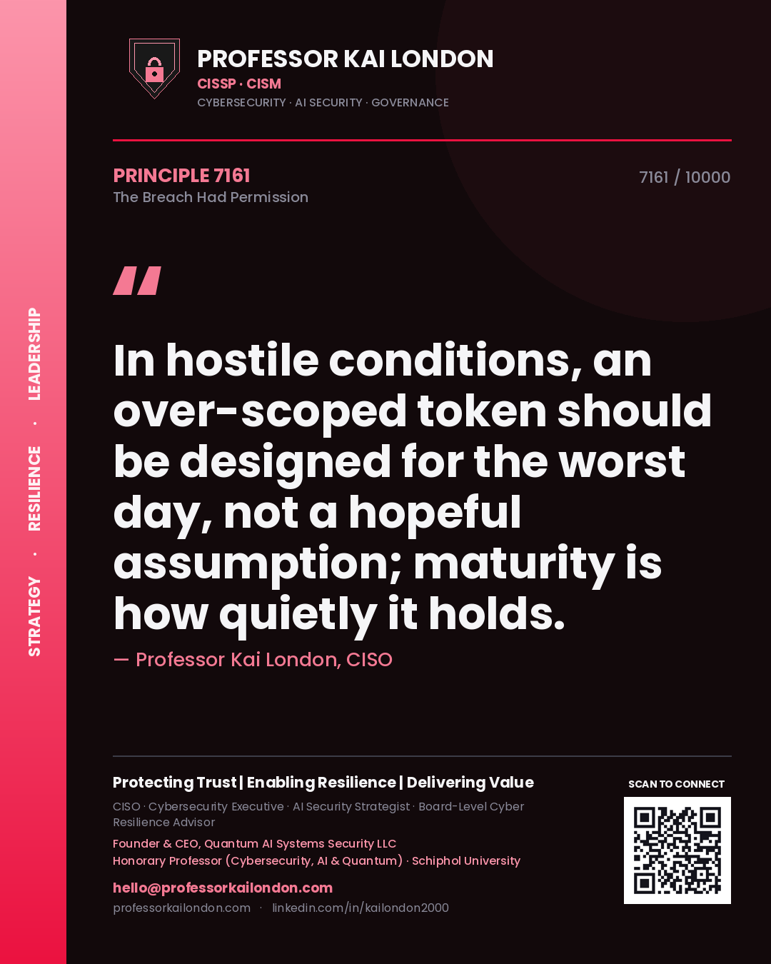 Quote card by Professor Kai London reading 'In hostile conditions, an over-scoped token should be designed for the worst day, not a hopeful assumption; maturity is how quietly it holds.'. From the book The Breach Had Permission.