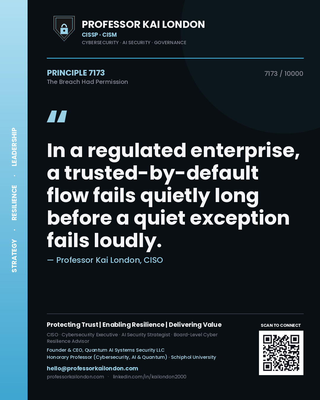 Professor Kai London principle 7173: In a regulated enterprise, a trusted-by-default flow fails quietly long before a quiet exception fails loudly.