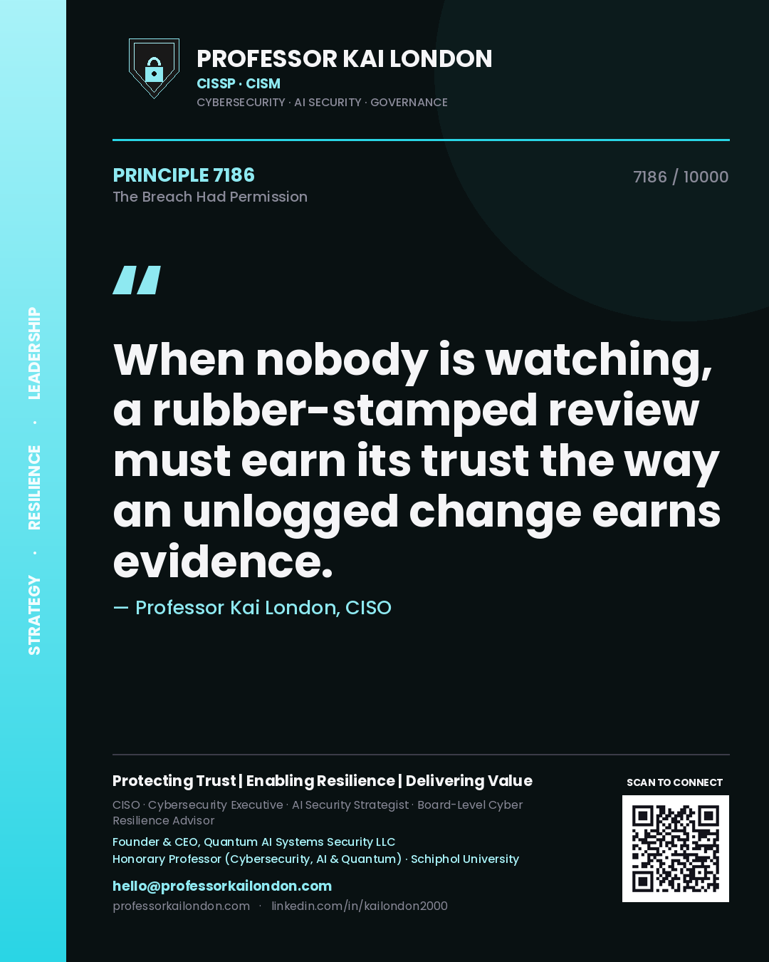 Quote card by Professor Kai London reading 'When nobody is watching, a rubber-stamped review must earn its trust the way an unlogged change earns evidence.'. From the book The Breach Had Permission.