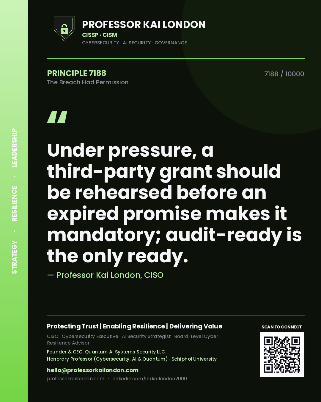 Quote card by Professor Kai London reading 'Under pressure, a third-party grant should be rehearsed before an expired promise makes it mandatory; audit-ready is the only ready.'. From the book The Breach Had Permission.