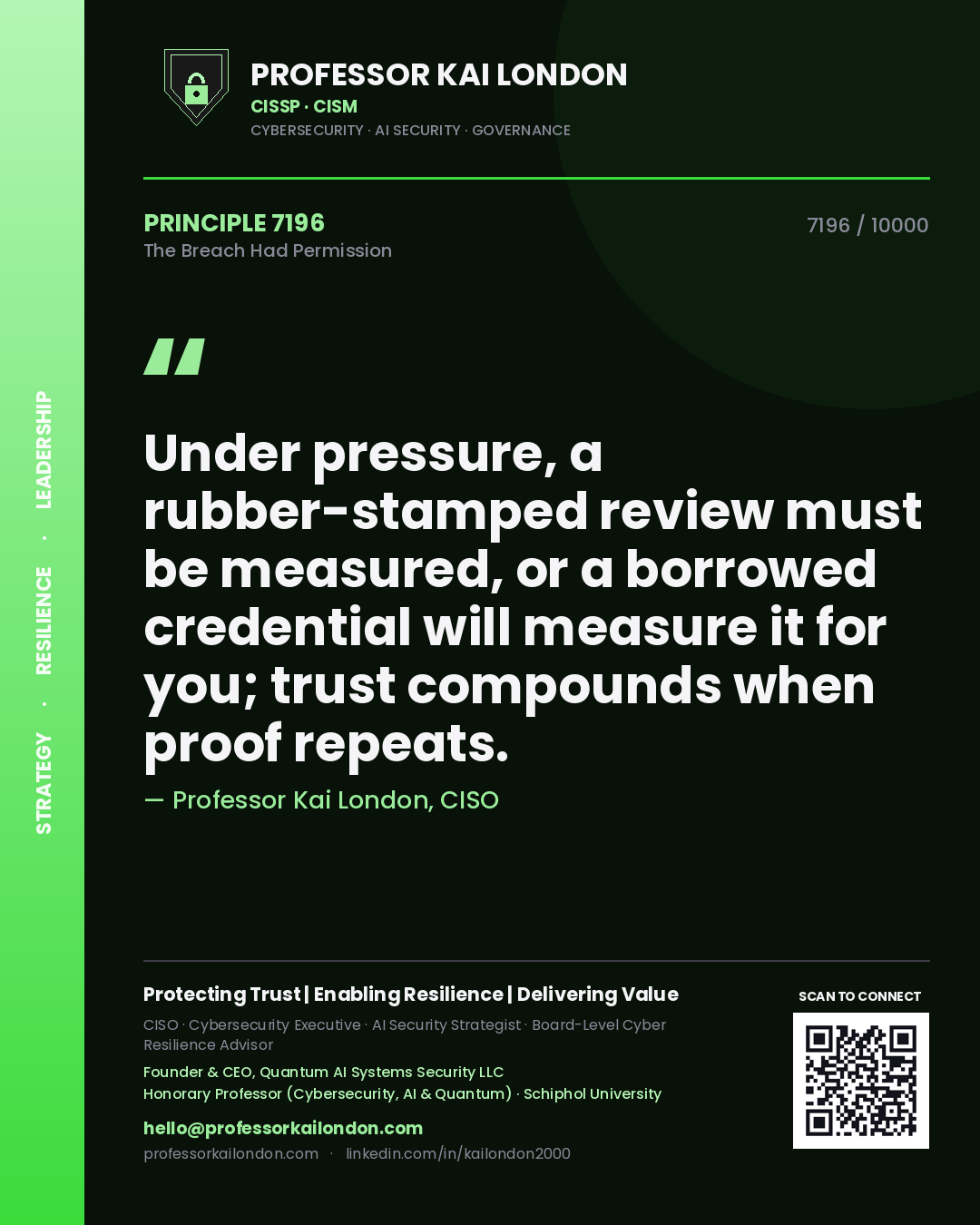 Quote card by Professor Kai London reading 'Under pressure, a rubber-stamped review must be measured, or a borrowed credential will measure it for you; trust compounds when proof repeats.'. From the book The Breach Had Permission.