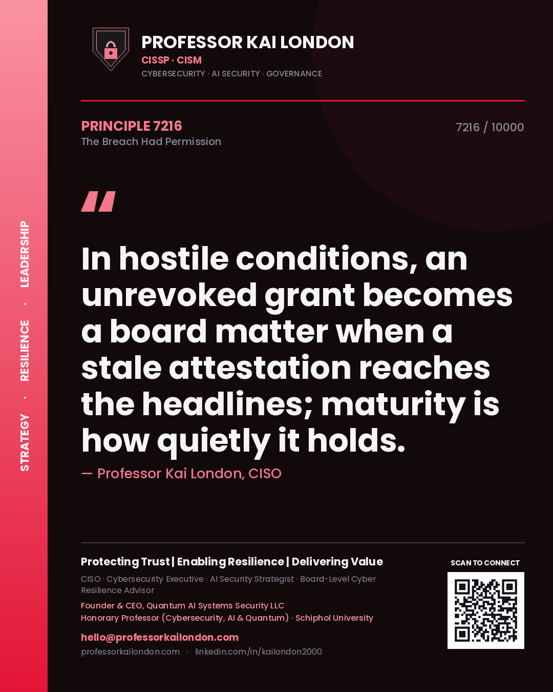 Quote card by Professor Kai London reading 'In hostile conditions, an unrevoked grant becomes a board matter when a stale attestation reaches the headlines; maturity is how quietly it holds.'. From the book The Breach Had Permission.