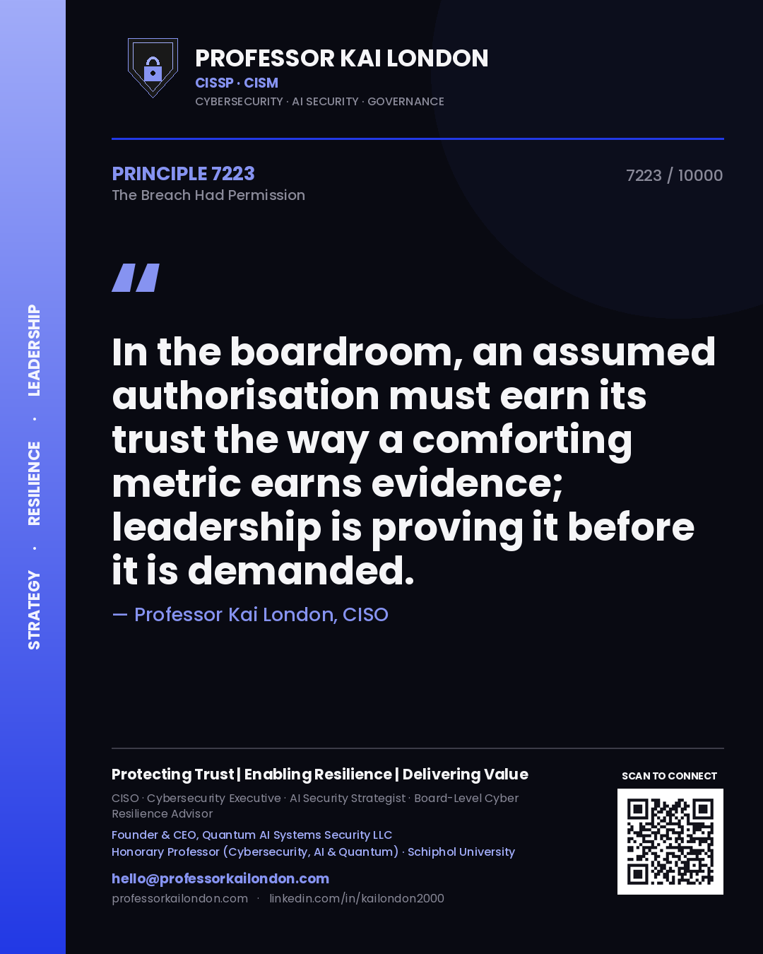 Quote card by Professor Kai London reading 'In the boardroom, an assumed authorisation must earn its trust the way a comforting metric earns evidence; leadership is proving it before it is demanded.'. From the book The Breach Had Permission.