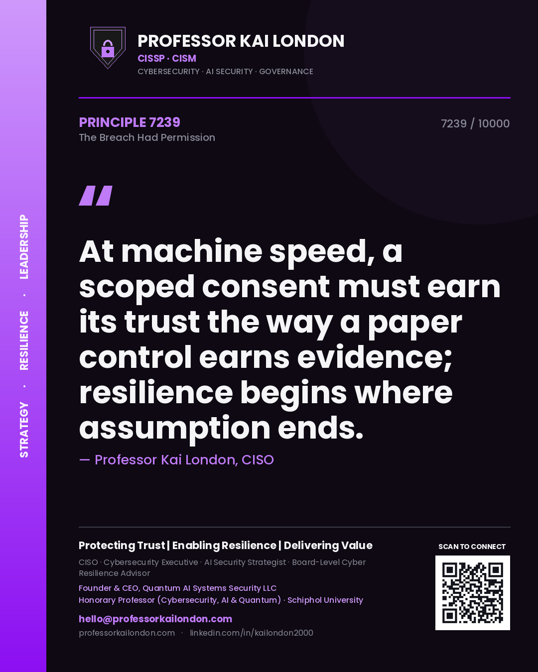 Quote card by Professor Kai London reading 'At machine speed, a scoped consent must earn its trust the way a paper control earns evidence; resilience begins where assumption ends.'. From the book The Breach Had Permission.