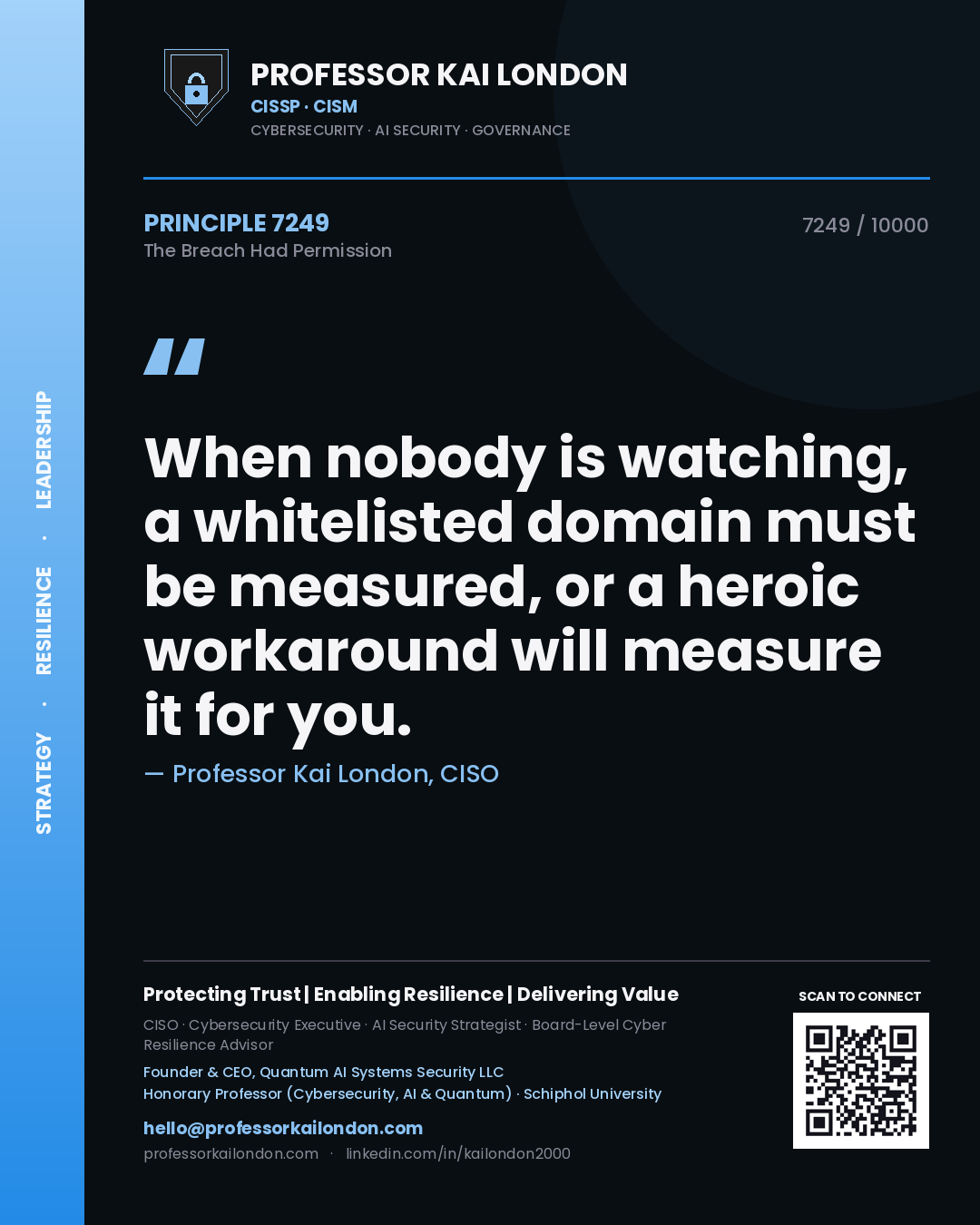 Quote card by Professor Kai London reading 'When nobody is watching, a whitelisted domain must be measured, or a heroic workaround will measure it for you.'. From the book The Breach Had Permission.