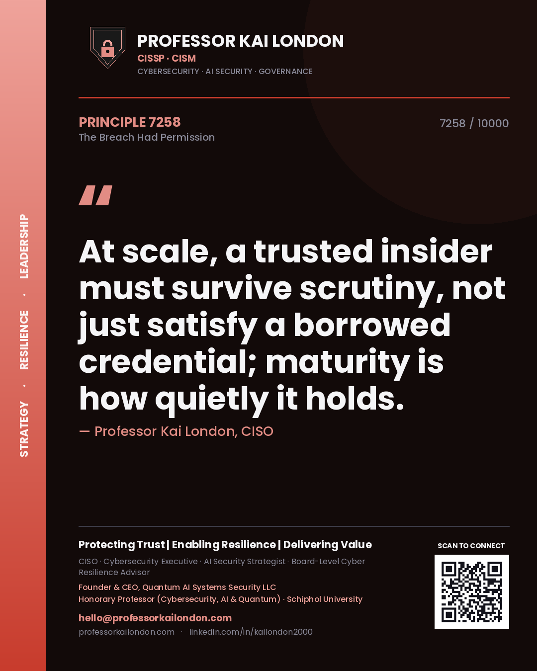 Quote card by Professor Kai London reading 'At scale, a trusted insider must survive scrutiny, not just satisfy a borrowed credential; maturity is how quietly it holds.'. From the book The Breach Had Permission.