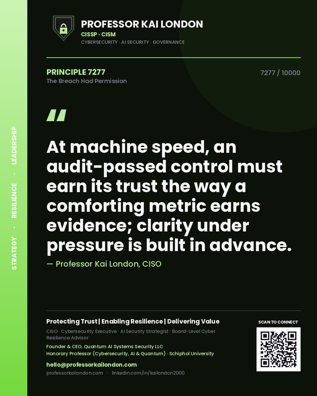 Quote card by Professor Kai London reading 'At machine speed, an audit-passed control must earn its trust the way a comforting metric earns evidence; clarity under pressure is built in advance.'. From the book The Breach Had Permission.