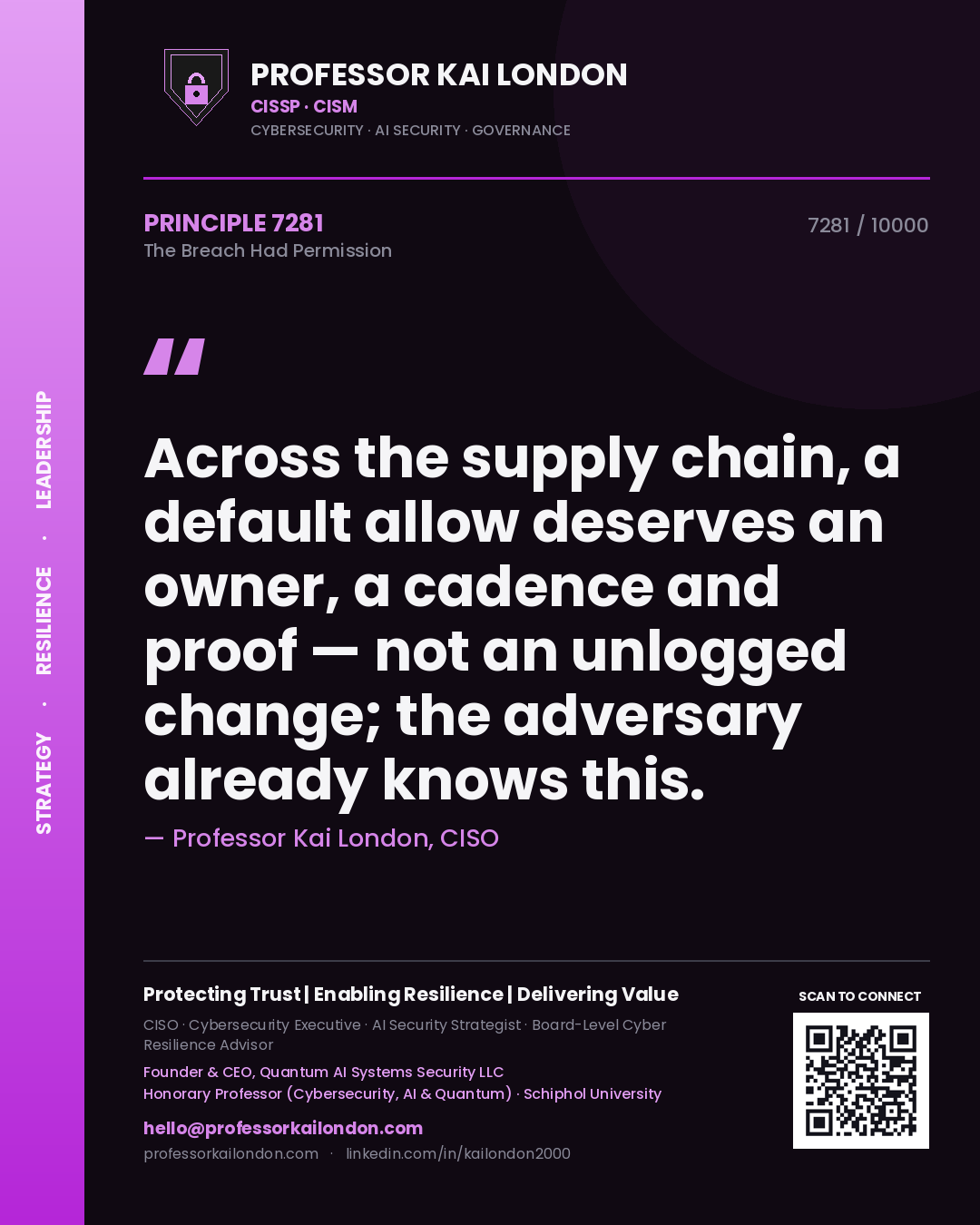 Quote card by Professor Kai London reading 'Across the supply chain, a default allow deserves an owner, a cadence and proof — not an unlogged change; the adversary already knows this.'. From the book The Breach Had Permission.