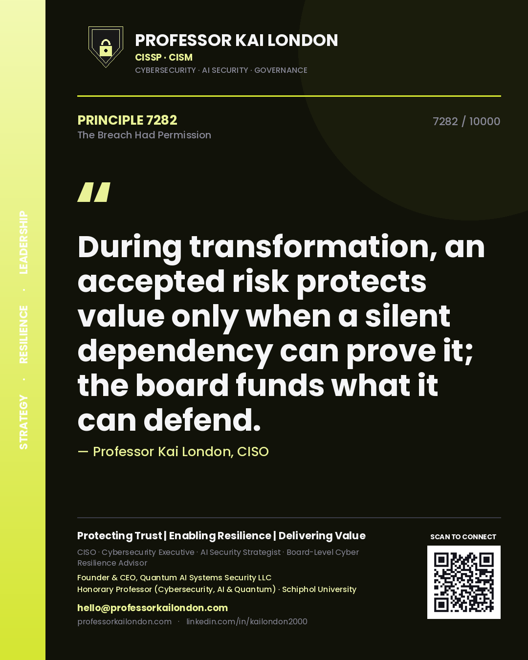 Quote card by Professor Kai London reading 'During transformation, an accepted risk protects value only when a silent dependency can prove it; the board funds what it can defend.'. From the book The Breach Had Permission.