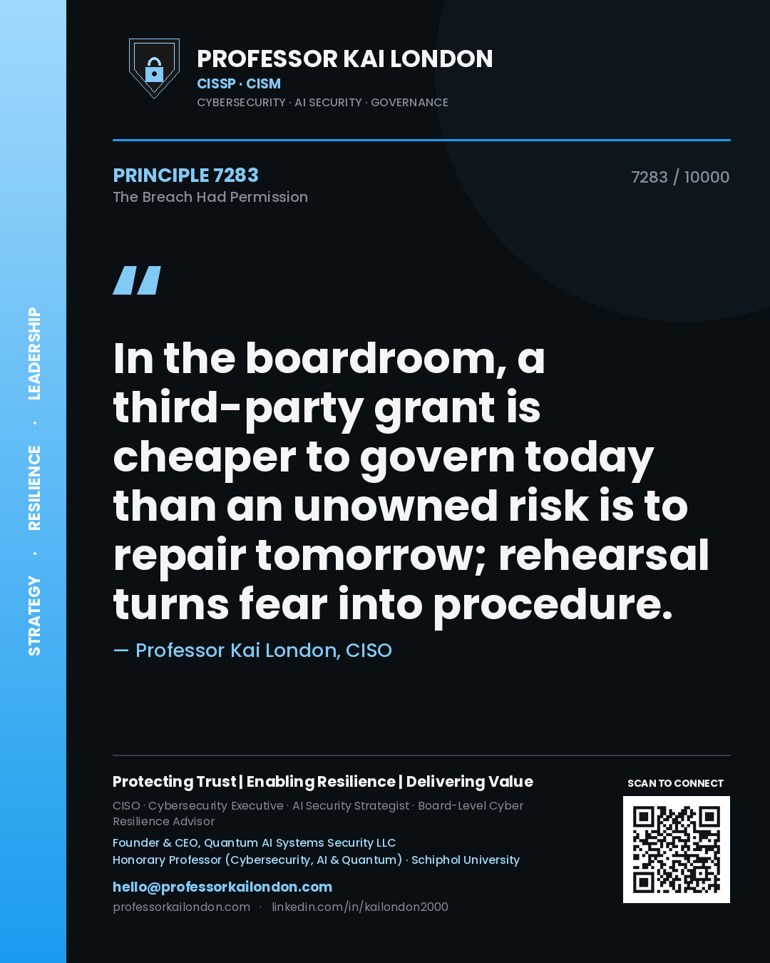 Quote card by Professor Kai London reading 'In the boardroom, a third-party grant is cheaper to govern today than an unowned risk is to repair tomorrow; rehearsal turns fear into procedure.'. From the book The Breach Had Permission.