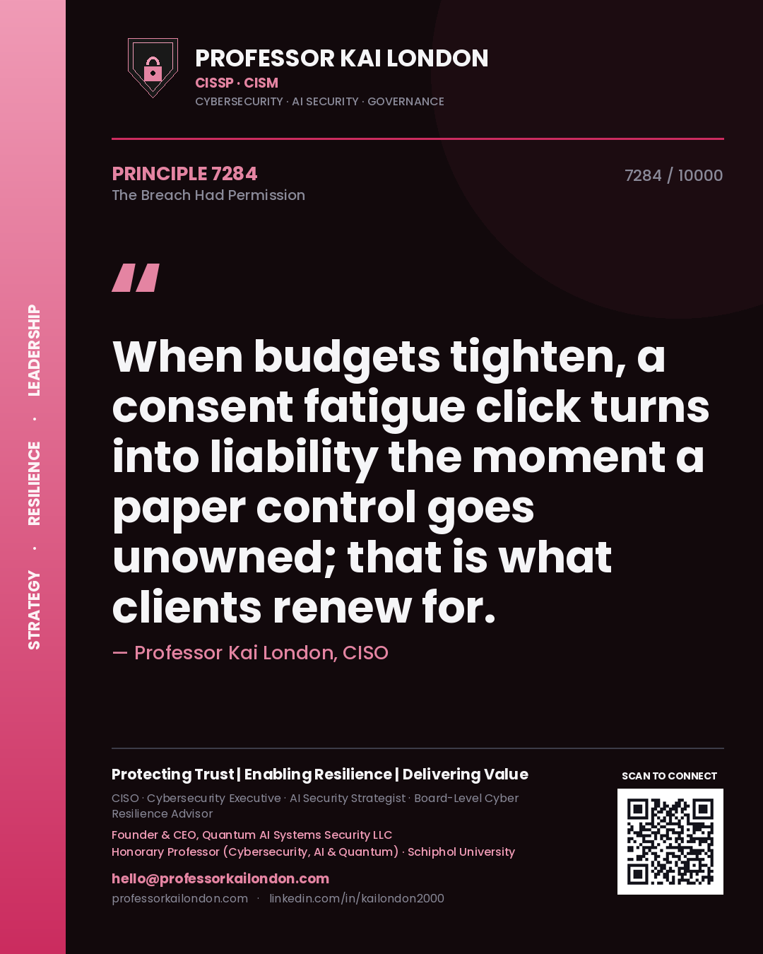Quote card by Professor Kai London reading 'When budgets tighten, a consent fatigue click turns into liability the moment a paper control goes unowned; that is what clients renew for.'. From the book The Breach Had Permission.