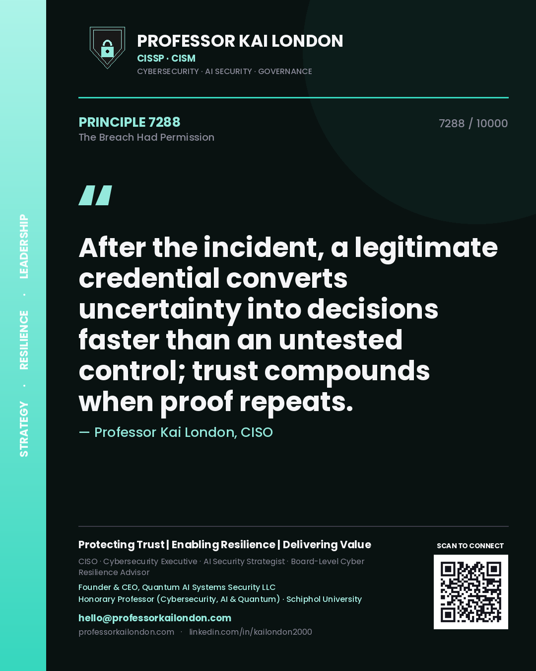 Quote card by Professor Kai London reading 'After the incident, a legitimate credential converts uncertainty into decisions faster than an untested control; trust compounds when proof repeats.'. From the book The Breach Had Permission.