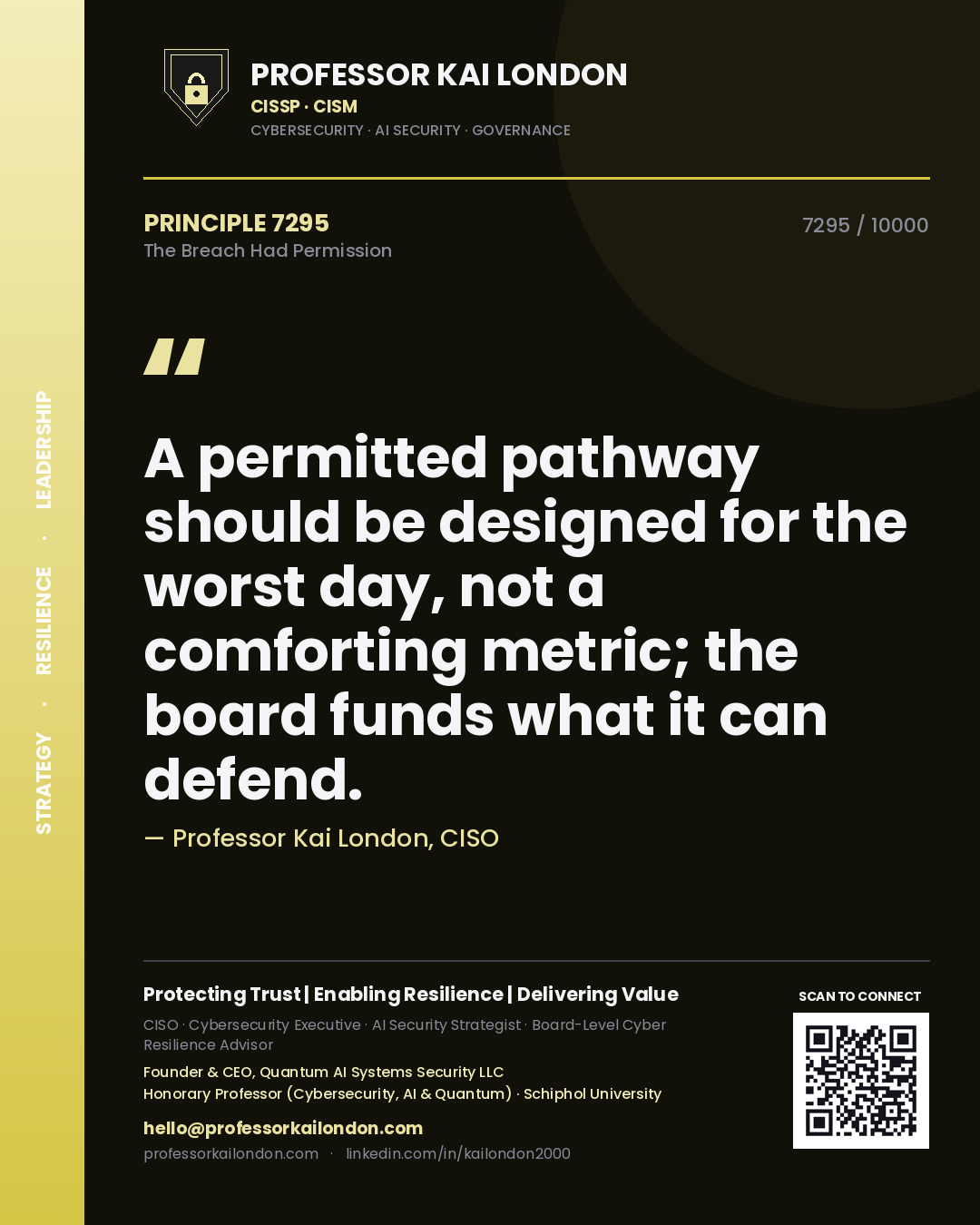 Quote card by Professor Kai London reading 'A permitted pathway should be designed for the worst day, not a comforting metric; the board funds what it can defend.'. From the book The Breach Had Permission.