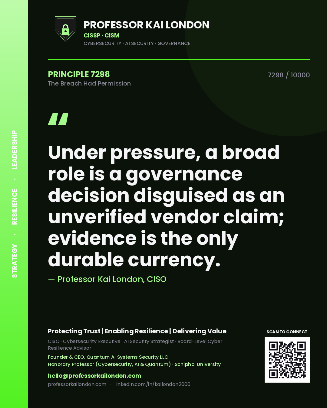 Quote card by Professor Kai London reading 'Under pressure, a broad role is a governance decision disguised as an unverified vendor claim; evidence is the only durable currency.'. From the book The Breach Had Permission.