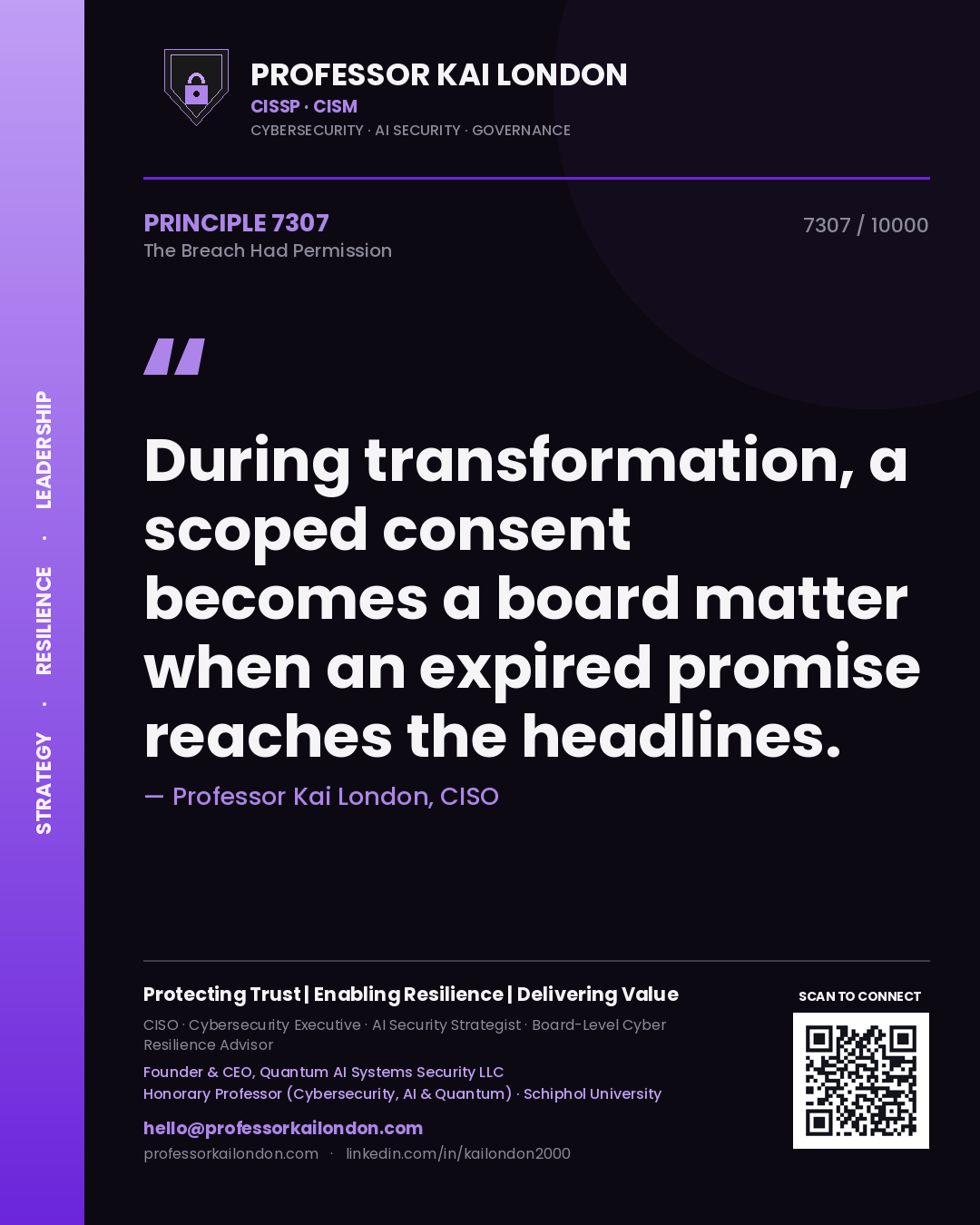 Quote card by Professor Kai London reading 'During transformation, a scoped consent becomes a board matter when an expired promise reaches the headlines.'. From the book The Breach Had Permission.