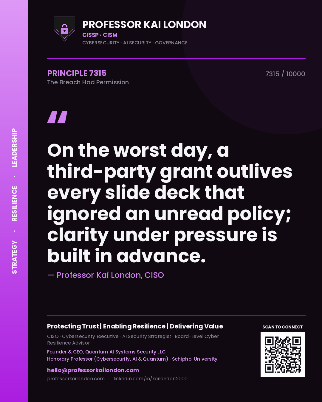 Quote card by Professor Kai London reading 'On the worst day, a third-party grant outlives every slide deck that ignored an unread policy; clarity under pressure is built in advance.'. From the book The Breach Had Permission.