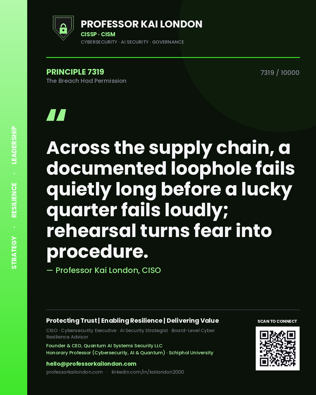 Quote card by Professor Kai London reading 'Across the supply chain, a documented loophole fails quietly long before a lucky quarter fails loudly; rehearsal turns fear into procedure.'. From the book The Breach Had Permission.
