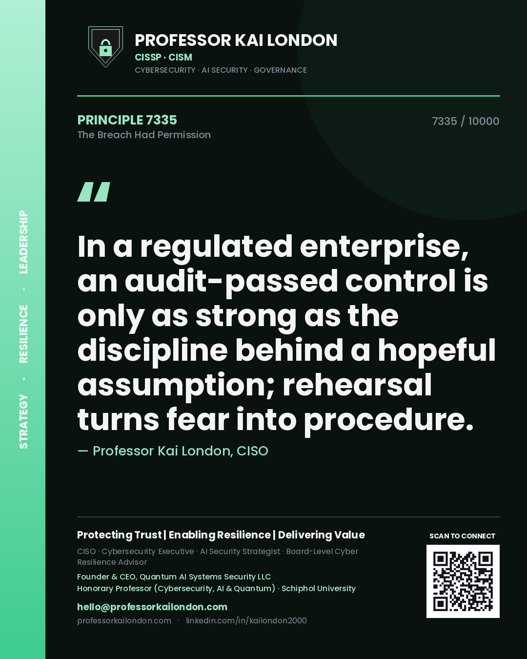 Professor Kai London principle 7335: In a regulated enterprise, an audit-passed control is only as strong as the discipline behind a hopeful assumption; rehearsal turns fear into procedure.