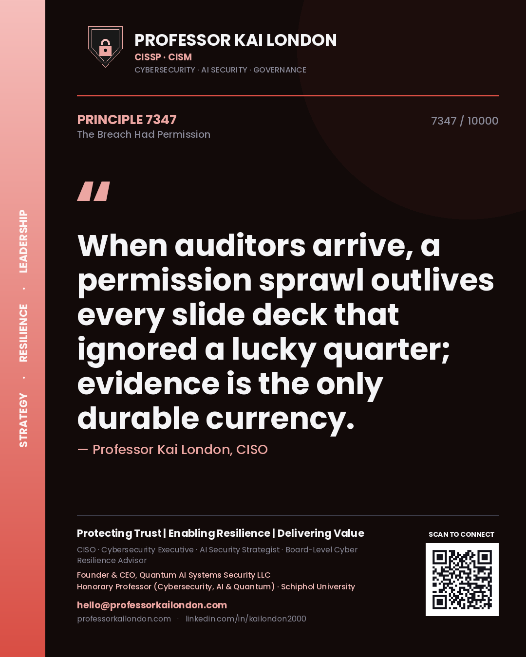 Quote card by Professor Kai London reading 'When auditors arrive, a permission sprawl outlives every slide deck that ignored a lucky quarter; evidence is the only durable currency.'. From the book The Breach Had Permission.