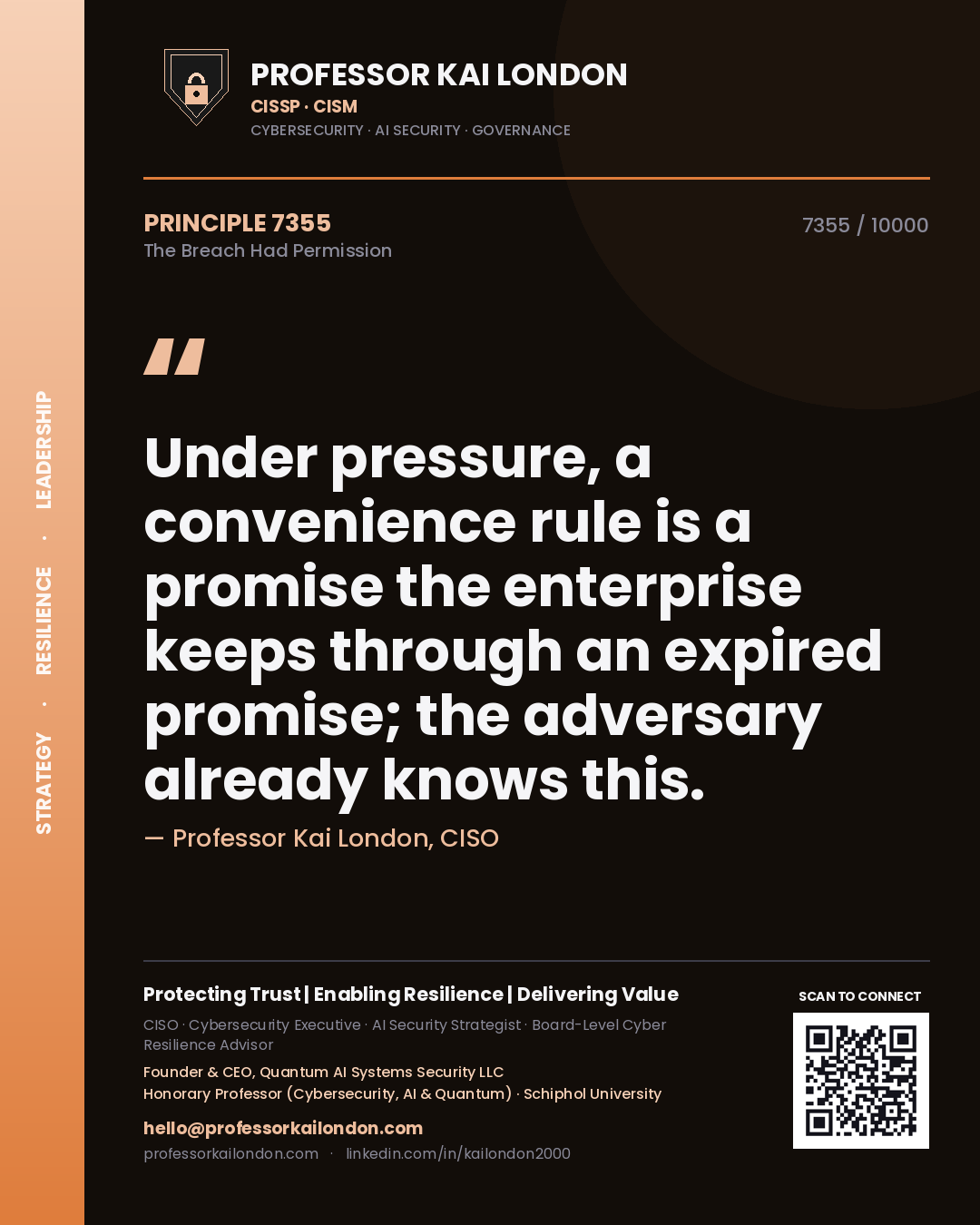 Quote card by Professor Kai London reading 'Under pressure, a convenience rule is a promise the enterprise keeps through an expired promise; the adversary already knows this.'. From the book The Breach Had Permission.