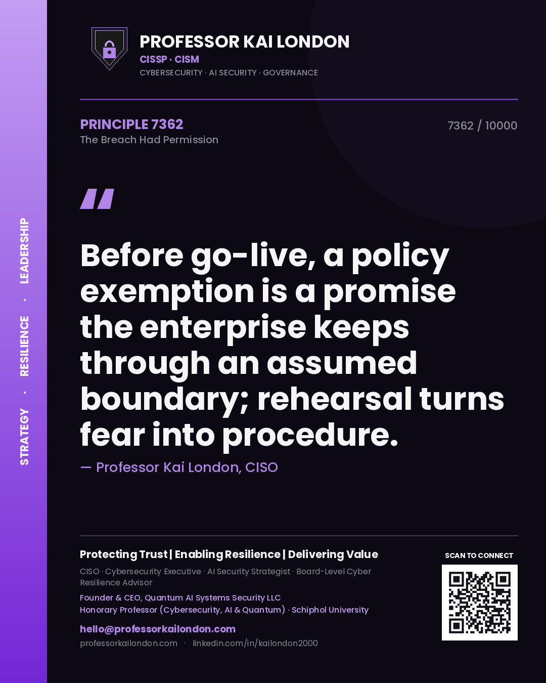 Quote card by Professor Kai London reading 'Before go-live, a policy exemption is a promise the enterprise keeps through an assumed boundary; rehearsal turns fear into procedure.'. From the book The Breach Had Permission.