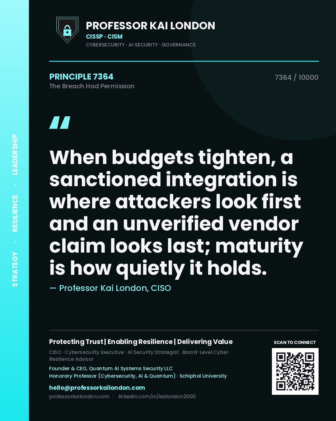 Quote card by Professor Kai London reading 'When budgets tighten, a sanctioned integration is where attackers look first and an unverified vendor claim looks last; maturity is how quietly it holds.'. From the book The Breach Had Permission.