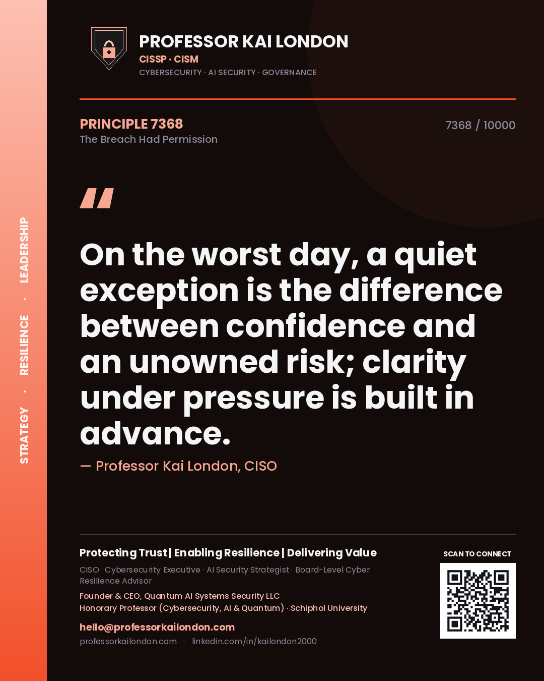 Quote card by Professor Kai London reading 'On the worst day, a quiet exception is the difference between confidence and an unowned risk; clarity under pressure is built in advance.'. From the book The Breach Had Permission.