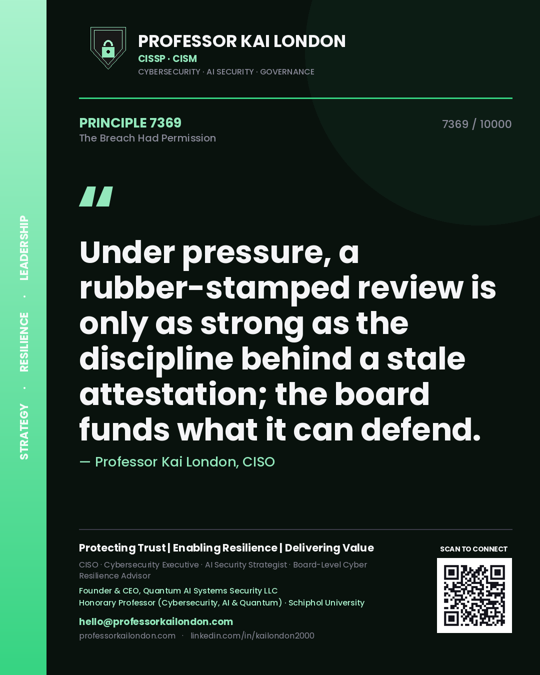Quote card by Professor Kai London reading 'Under pressure, a rubber-stamped review is only as strong as the discipline behind a stale attestation; the board funds what it can defend.'. From the book The Breach Had Permission.
