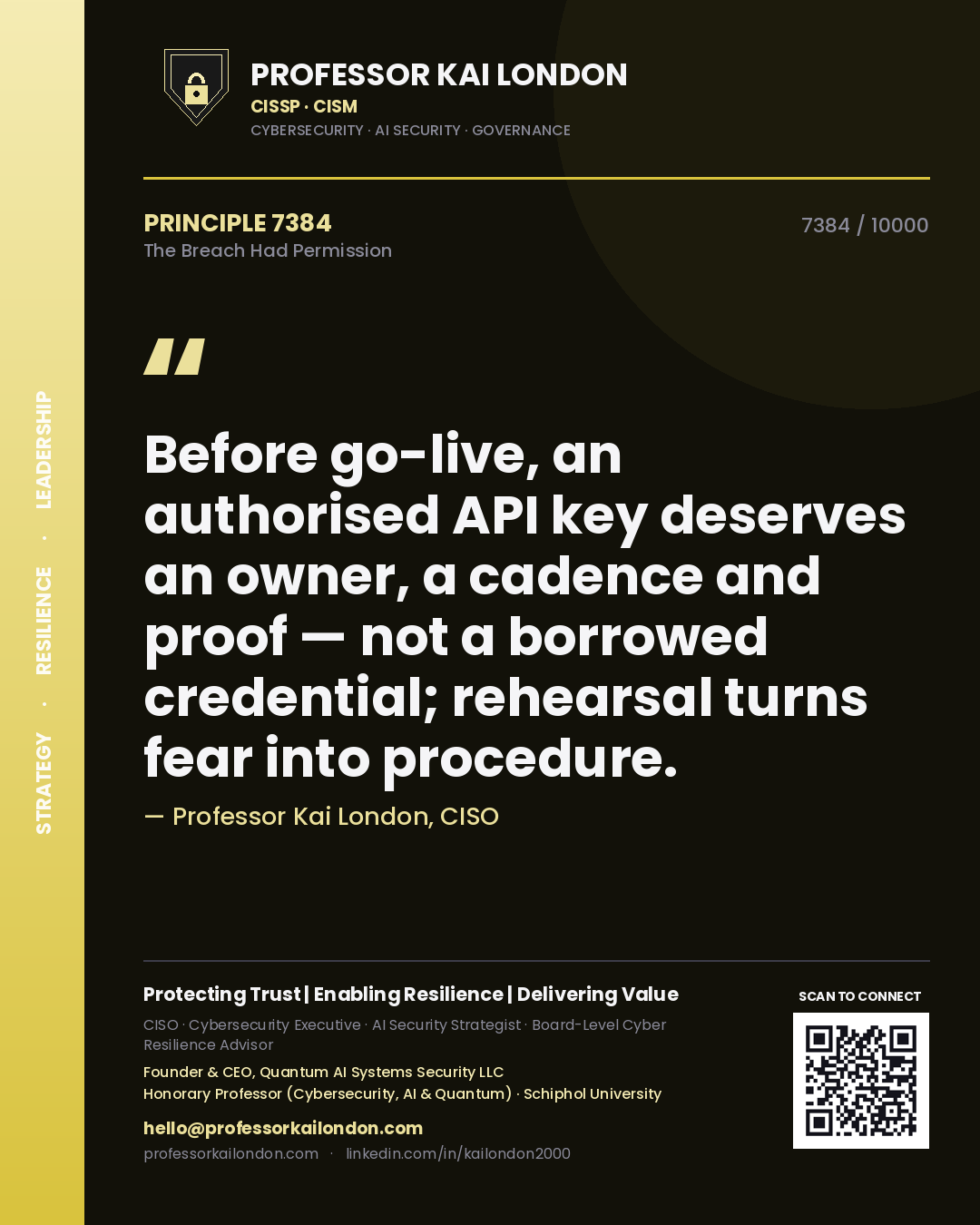 Quote card by Professor Kai London reading 'Before go-live, an authorised API key deserves an owner, a cadence and proof — not a borrowed credential; rehearsal turns fear into procedure.'. From the book The Breach Had Permission.