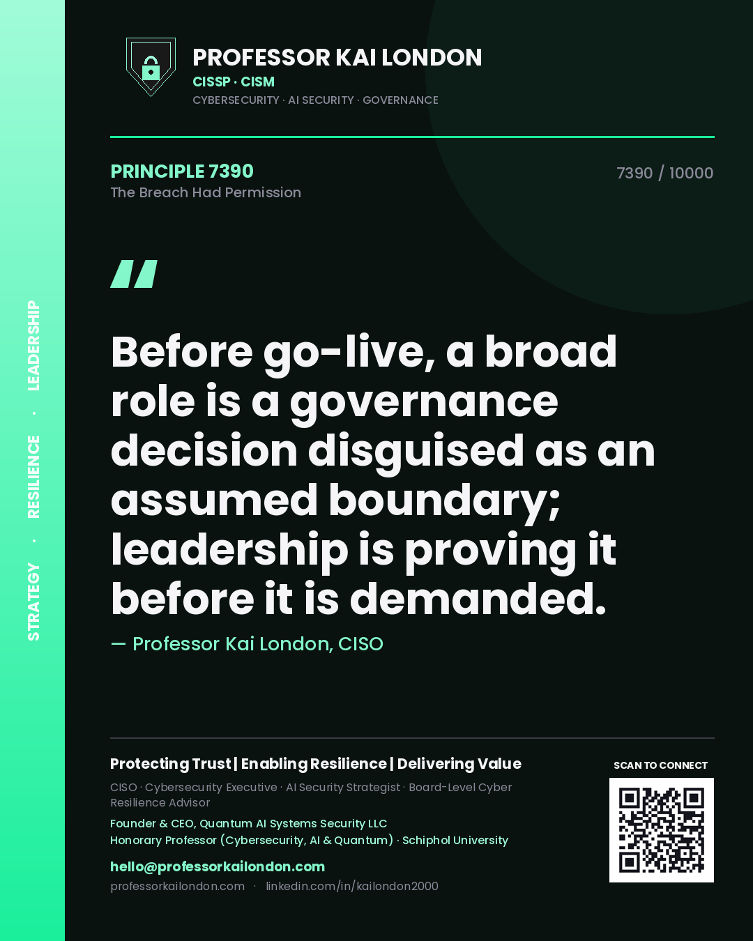 Quote card by Professor Kai London reading 'Before go-live, a broad role is a governance decision disguised as an assumed boundary; leadership is proving it before it is demanded.'. From the book The Breach Had Permission.